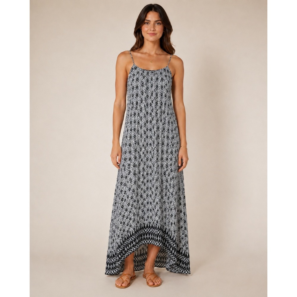 En Creme Size S Black White Print Maxi Dress Tie Back High Low Hem
